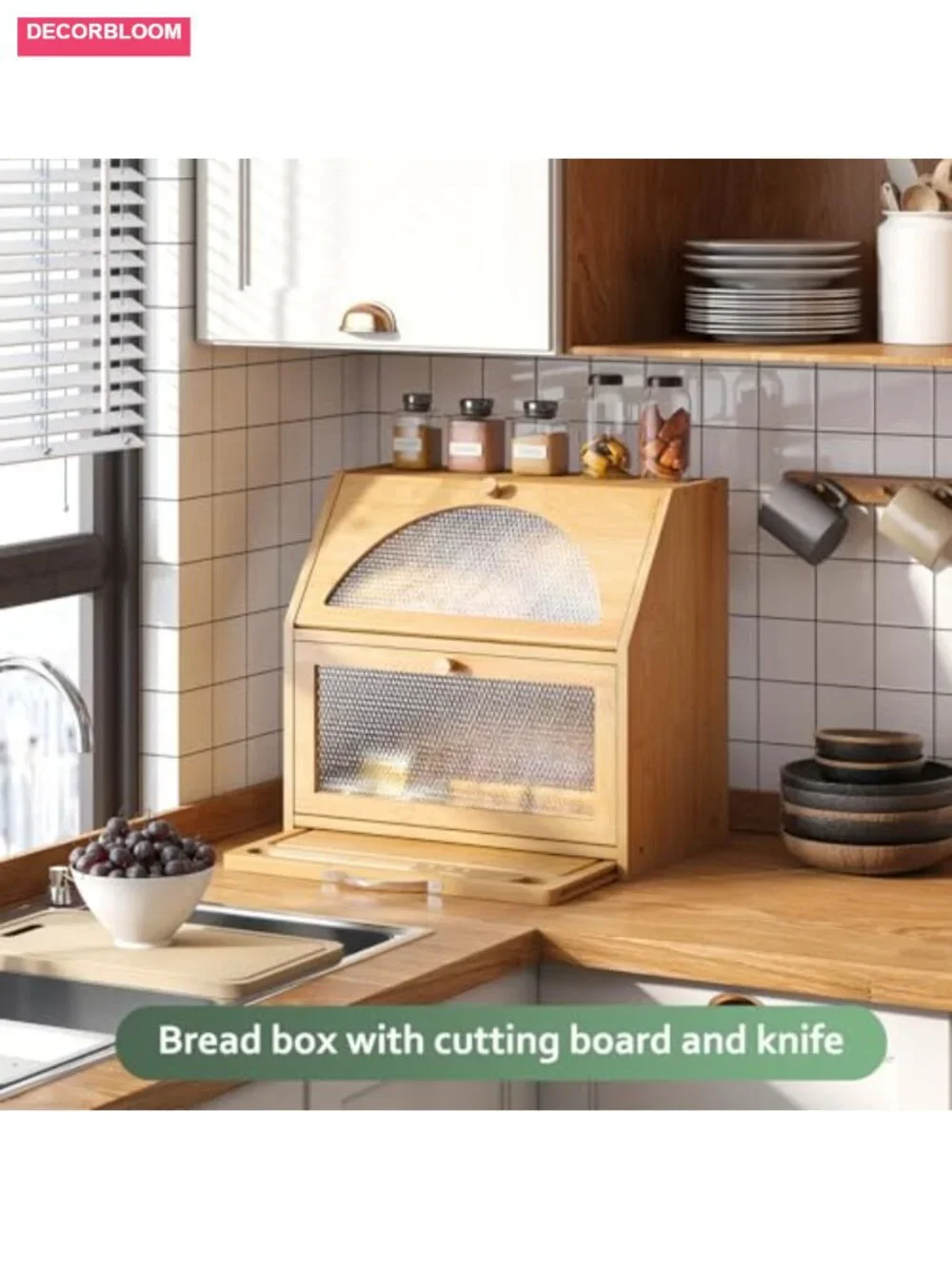 Double Layer Bamboo Bread Box with Cutting Board, Extra-large Capacity Kitchen